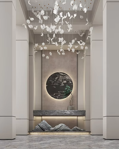 Entry Console Table With Circular Decorative Painting Modern Lighting And Green Plant 3d model