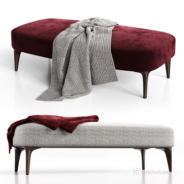 Burgundy And Light Gray Sofa Benches With Draped Blankets In Modern Design 3d model 