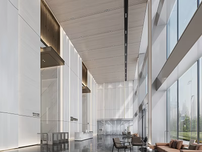 Modern Front Desk Reception Interior Design With Lobby Sofa And Glass Windows 3d model