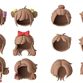 Cartoon Head Models With Various Brown Hairstyles Bowknots Ponytails And Decorative Details