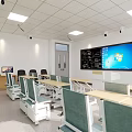 School Modern Classroom With Green Accent Wall White Desks Digital Screen And Large Windows