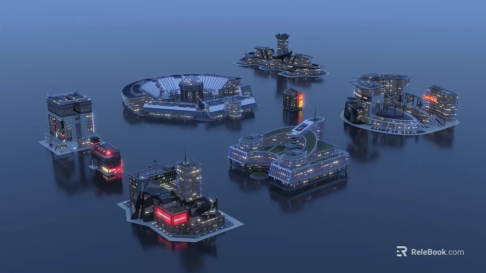 Futuristic Floating City Architecture Featuring Various Illuminated Modern Buildings At Night 3d model 