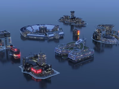 Futuristic Floating City Architecture Featuring Various Illuminated Modern Buildings At Night 3d model