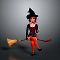 Woman With Red Hair Wearing Black Witch Hat Sitting On Broomstick Holding Blue Magical Object