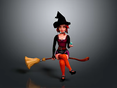Woman With Red Hair Wearing Black Witch Hat Sitting On Broomstick Holding Blue Magical Object 3d model
