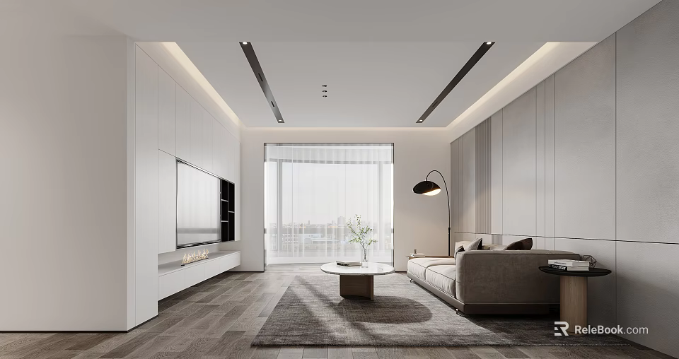 Modern Living Dining Room Interior Design With White Walls Gray Sofa And Wooden Flooring 3d model 
