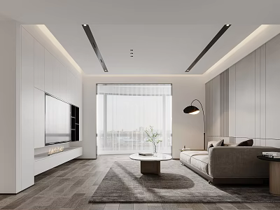 Modern Living Dining Room Interior Design With White Walls Gray Sofa And Wooden Flooring 3d model