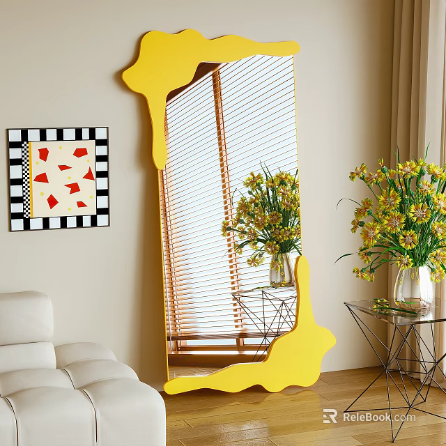 Yellow Irregular Mirror with Sofa Wall Art Flower Vase Metal Side Table and Window Blinds 3d model 