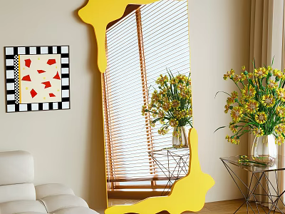 Yellow Irregular Mirror with Sofa Wall Art Flower Vase Metal Side Table and Window Blinds 3d model
