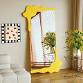 Yellow Irregular Mirror with Sofa Wall Art Flower Vase Metal Side Table and Window Blinds