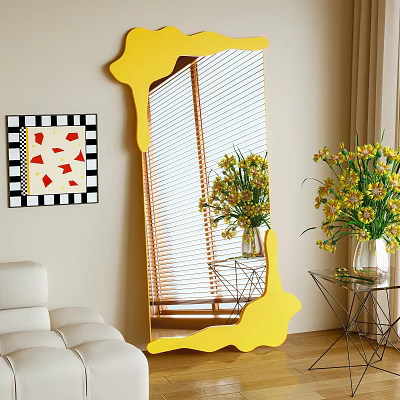 Yellow Irregular Mirror with Sofa Wall Art Flower Vase Metal Side Table and Window Blinds 3d model