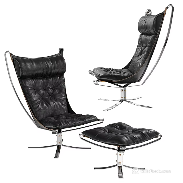 Black Leather Lounge Chair With Ottoman And Modern Metal Base 3d model 