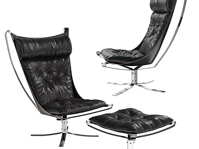 Black Leather Lounge Chair With Ottoman And Modern Metal Base 3d model