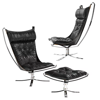 Black Leather Lounge Chair With Ottoman And Modern Metal Base 3d model