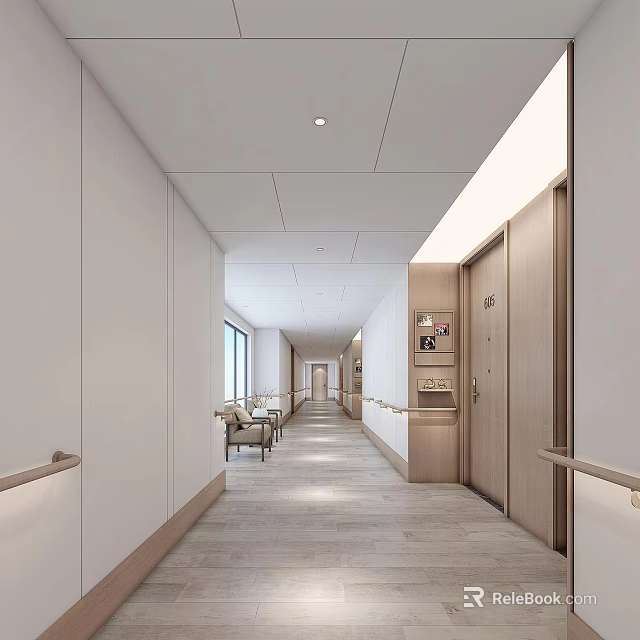 Modern Office Hallway Interior With White Walls Wooden Flooring And Recessed Lights 3d model 