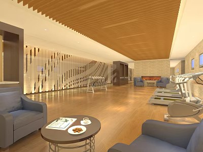 Modern Gym Interior With Treadmills Comfortable Seating And Wooden Floors 3d model