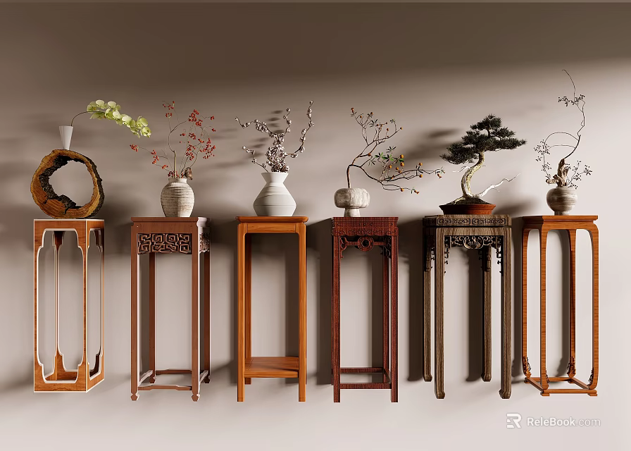Traditional Chinese Flower Stands With Vases And Plants 3d model 