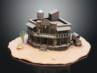 Cartoon Western Saloon Scene With Desert Ground Cactus And Wooden Wagon 3d model