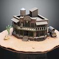 Cartoon Western Saloon Scene With Desert Ground Cactus And Wooden Wagon