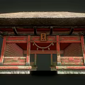 Traditional Japanese Shrine Building With Thatched Roof Red Wooden Structure And Stone Lanterns