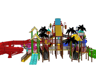 Colorful Outdoor Playground Equipment with Red Slides Climbing Structures and Palm Tree Decorations 3d model