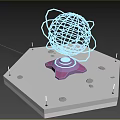 3D Technological Structure Featuring Hexagonal Platform Purple Base And Glowing Blue Grid Sphere