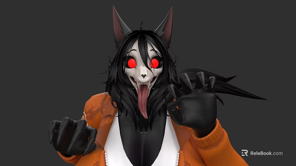 Anthropomorphic Wolf Character With Black Hair Red Eyes Tongue Out Sharp Claws And Orange Jacket 3d model 