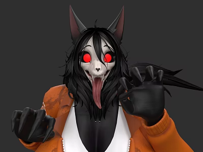 Anthropomorphic Wolf Character With Black Hair Red Eyes Tongue Out Sharp Claws And Orange Jacket 3d model