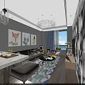 Modern Living and Dining Room Interior With White Wall TV Sofa Yellow Coffee Table Chandelier