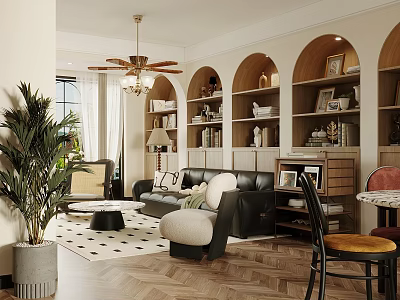 Warm Mid Century Living And Dining Room Interior Design With Arched Built In Storage Shelves 3d model
