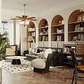 Warm Mid Century Living And Dining Room Interior Design With Arched Built In Storage Shelves