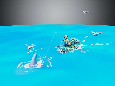 Game Movie Character Fishing On Small Boat In Blue Water With Seagulls And Shark Fin 3d model