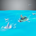 Game Movie Character Fishing On Small Boat In Blue Water With Seagulls And Shark Fin