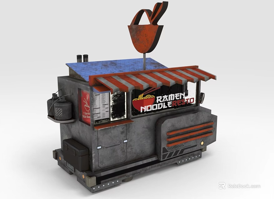 Baber Noodle Station Food Cart With Red Gray Exterior Awning And Shopping Bag Sign 3d model 