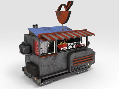 Baber Noodle Station Food Cart With Red Gray Exterior Awning And Shopping Bag Sign 3d model
