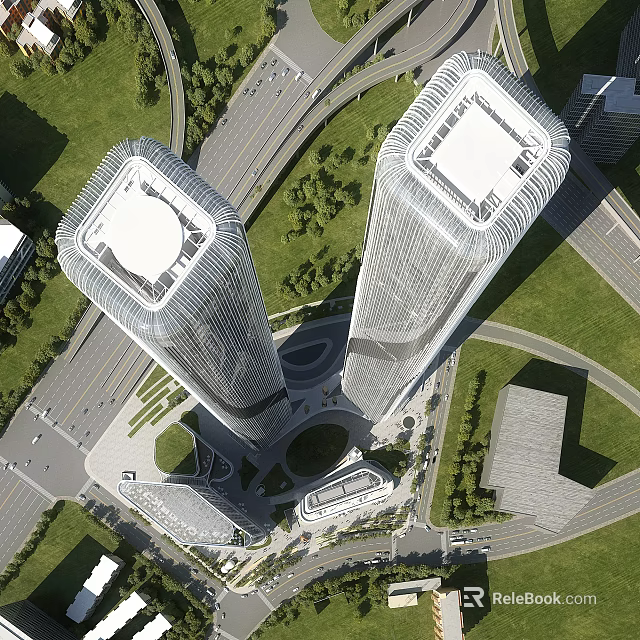 Modern Tall Office Buildings Aerial View With Surrounding Roads Green Spaces And Circular Plaza 3d model 
