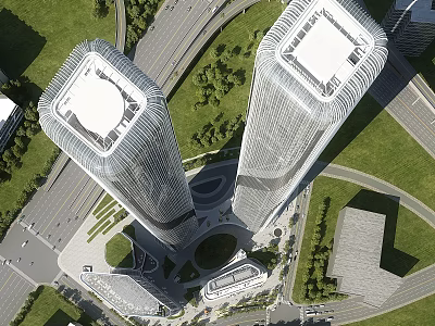 Modern Tall Office Buildings Aerial View With Surrounding Roads Green Spaces And Circular Plaza 3d model