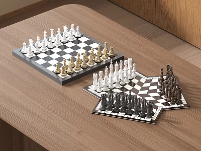 Chess Entertainment With Multiple Chessboards And Various Colored Pieces On Wooden Table 3d model