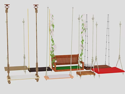 Playground Equipment Various Colored Swings With Wooden Seats Metal Frames And Floral Vines 3d model