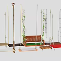 Playground Equipment Various Colored Swings With Wooden Seats Metal Frames And Floral Vines