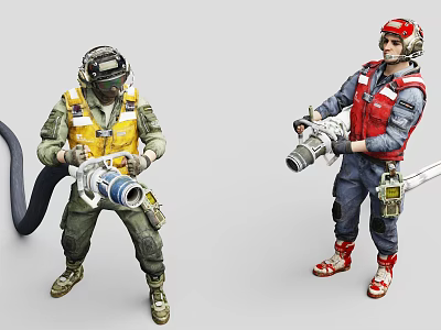 Game Movie Characters Wearing Yellow Red Vests And Helmets Holding Tools And Camera 3d model