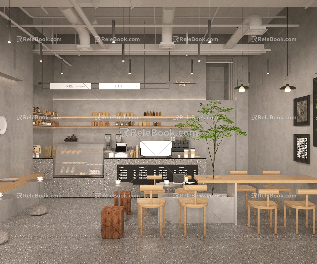 Modern industrial coffee shop workbench cash register milk tea shop tea shop coffee table and chair industrial wind chandelier oil lamp coffee machine cake display cabinet 3d model