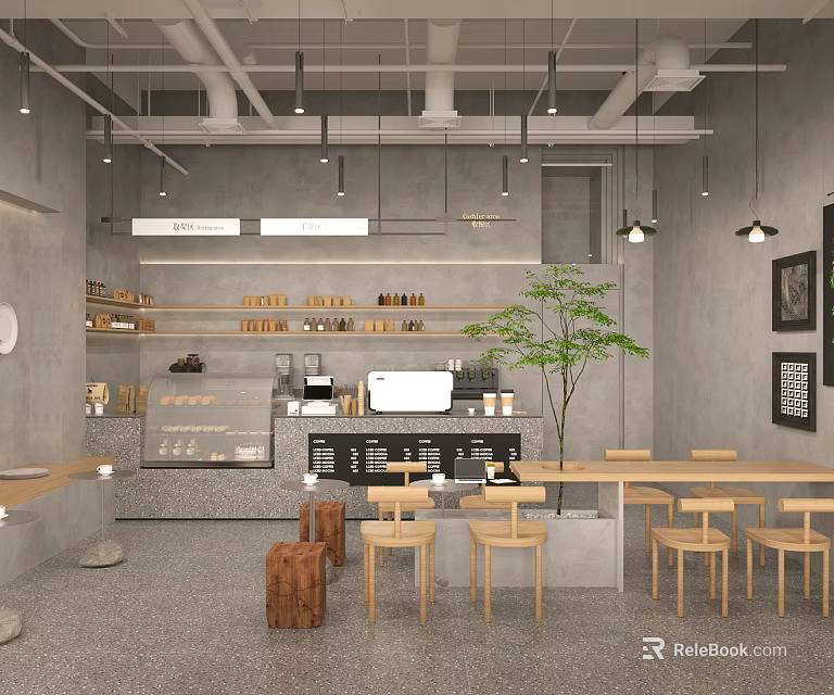 Modern Café Interior Design With Gray Walls Wooden Tables Chairs Green Plant And Hanging Lights 3d model 