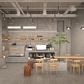 Modern industrial coffee shop workbench cash register milk tea shop tea shop coffee table and chair industrial wind chandelier oil lamp coffee machine cake display cabinet 3d model