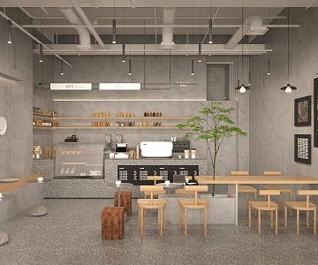 Modern industrial coffee shop workbench cash register milk tea shop tea shop coffee table and chair industrial wind chandelier oil lamp coffee machine cake display cabinet 3d model