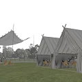 Elegant White Canvas Glamping Tents On Sunny Lawn With Cozy Outdoor Leisure Dining Spaces