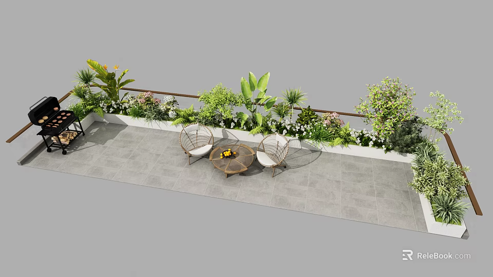 Roof Garden Design With Lush Green Plants Outdoor Seating And Stone Floor 3d model 