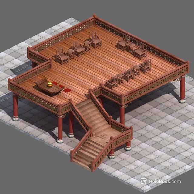 Traditional Wooden Platform Structure with Red Pillars Wooden Floor Carved Chairs and Staircase 3d model 