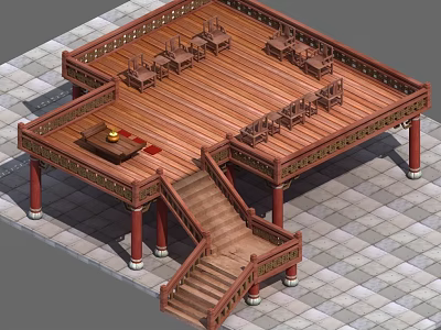 Traditional Wooden Platform Structure with Red Pillars Wooden Floor Carved Chairs and Staircase 3d model