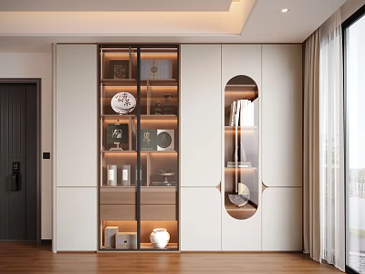Modern Display Cabinet with Glass Doors and Interior Lighting Showcasing Decorative Plates and Vases 3d model